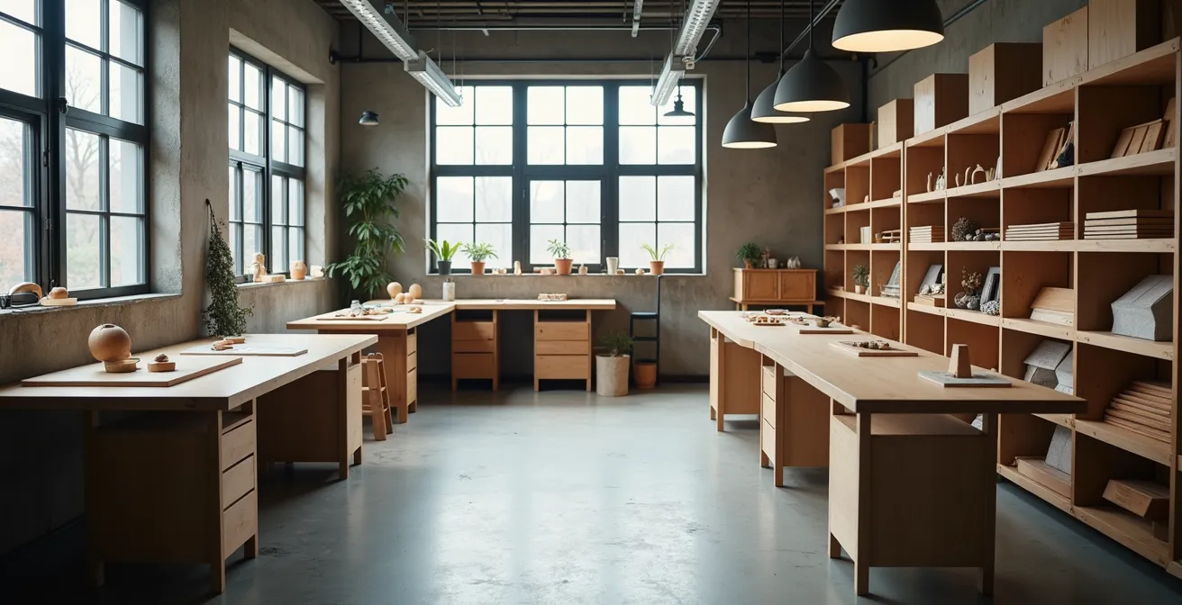 Vue d'ensemble d'un atelier de gravure laser moderne avec plusieurs créations en cours