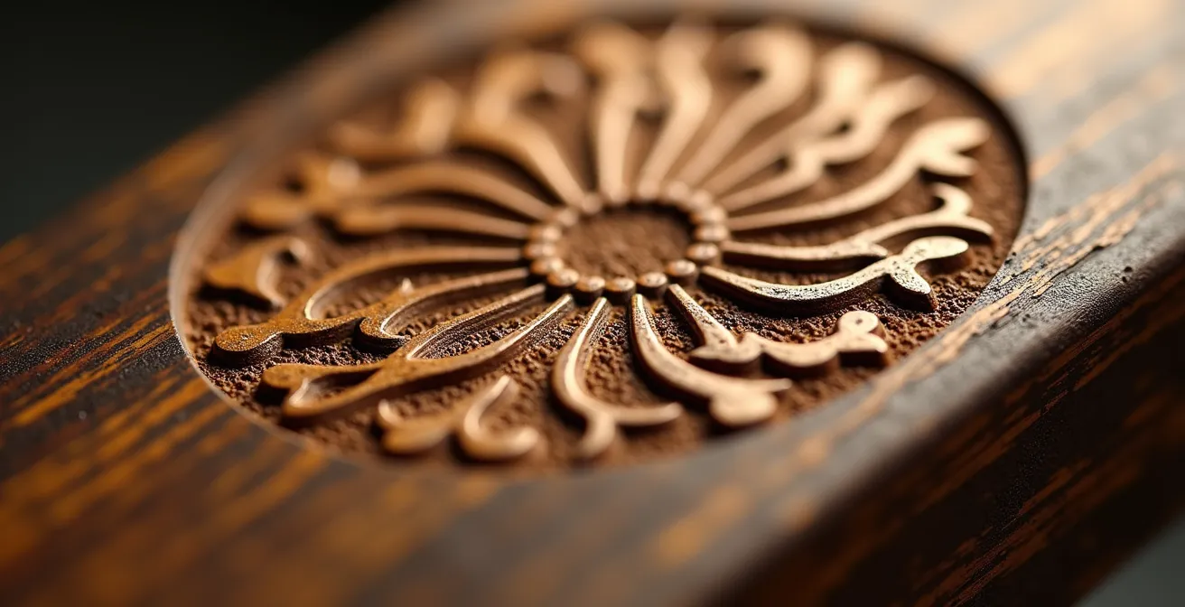 Vue macro d'un motif floral complexe gravé au laser sur du chêne avec détails des fibres du bois