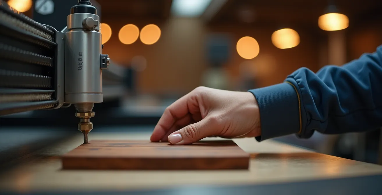 Gros plan sur les mains d'un artisan ajustant une plaque de bois dans une machine de gravure laser